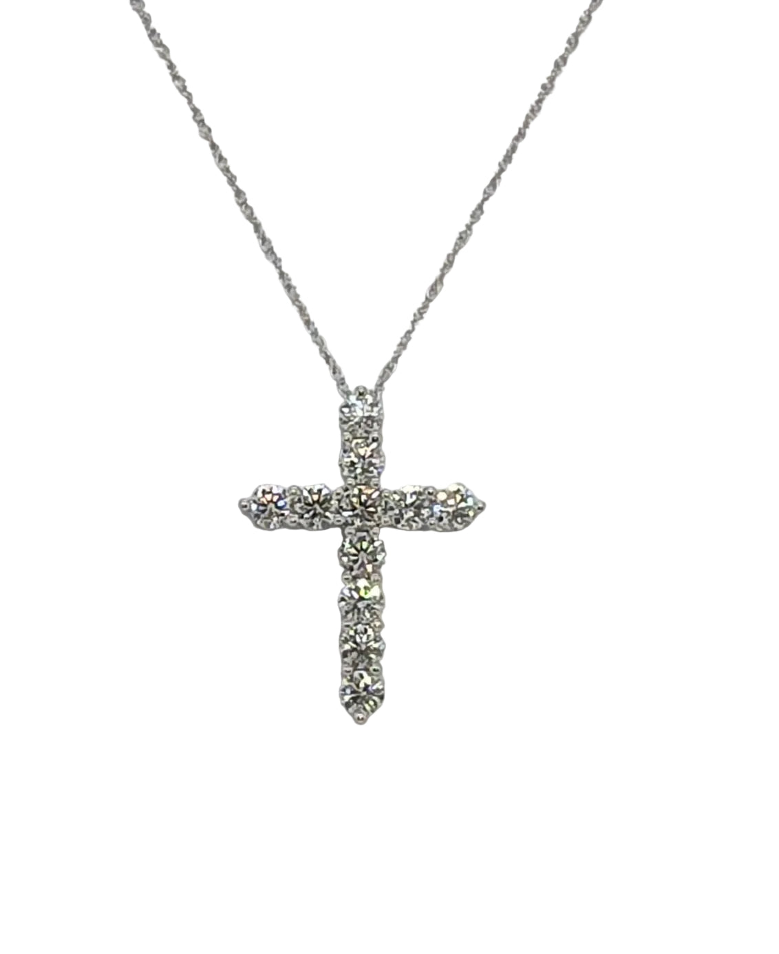 10CT WHITE GOLD CLAW SET LAB DIAMOND CROSS WITH FINE CHAIN.