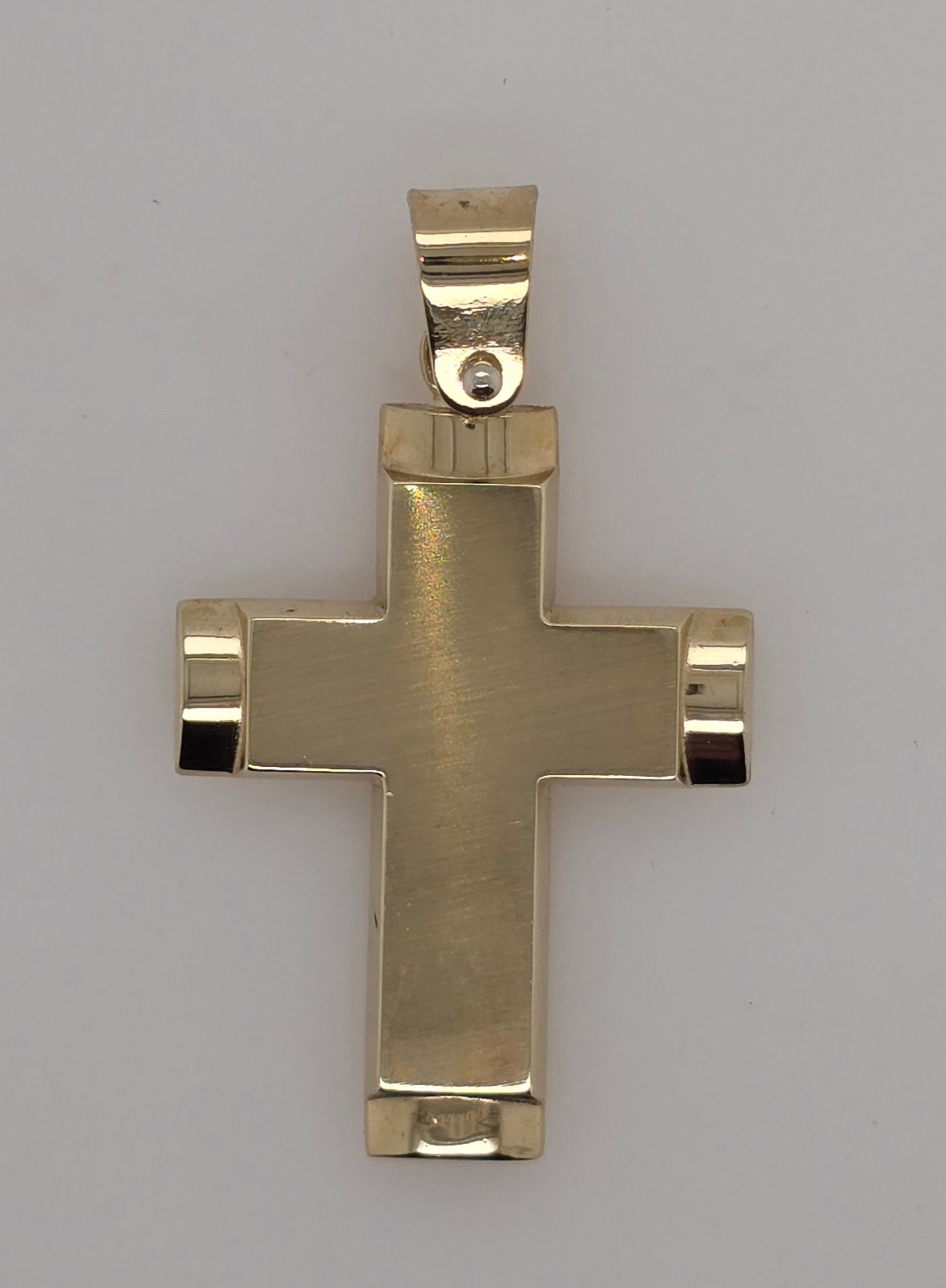 9CT YELLOW GOLD IMPORTED SOLID LARGE MAT AND POLISHED CROSS.