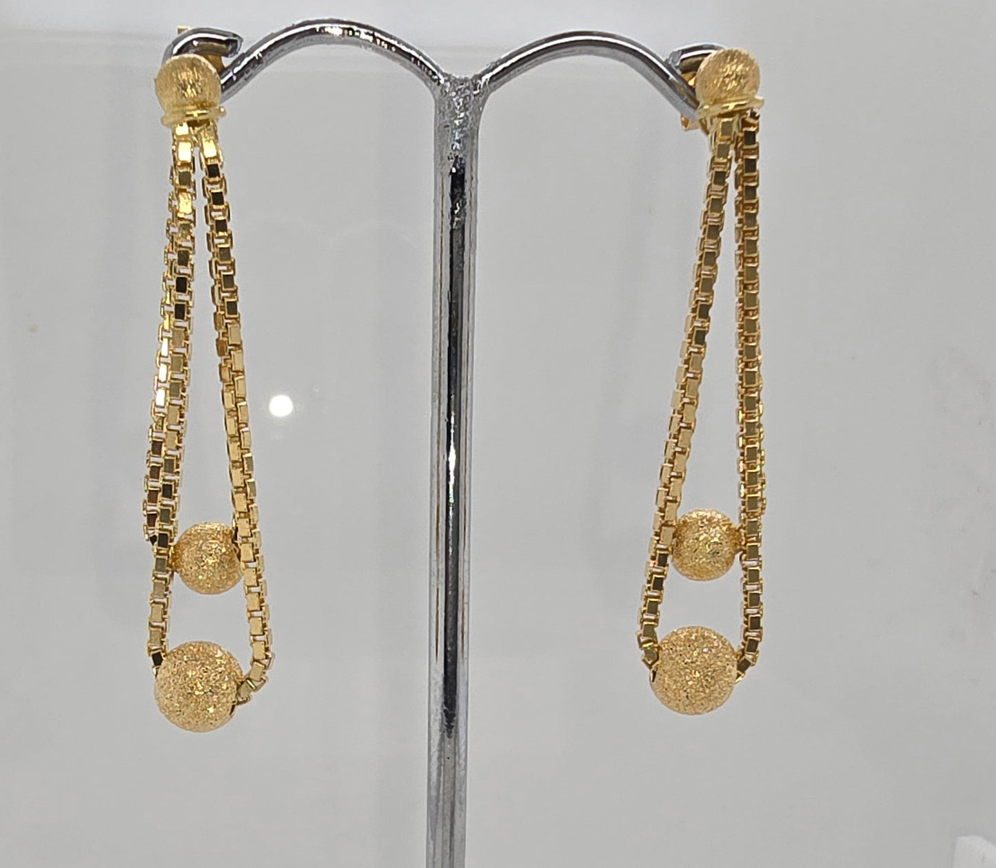 18CT YELLOW GOLD IMPORTED DOUBLE CHAIN BALL DROP EARRINGS.