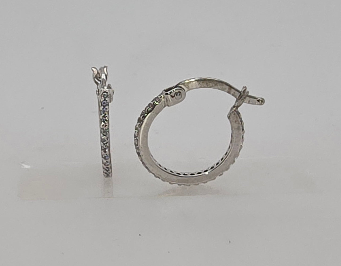 9CT WHITE GOLD CLAW SET CUBIC ZIRCONIA 1.2MM X 10MM HOOP EARRINGS.