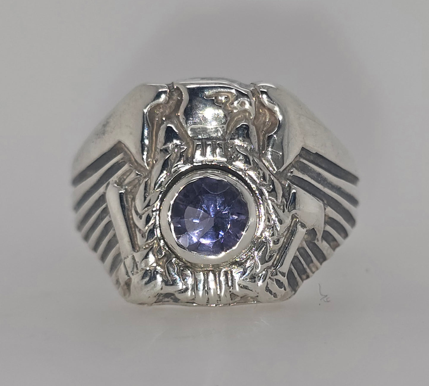 STERLING SILVER BEZEL SET 6MM ROUND IOLITE FANCY EAGLE RING