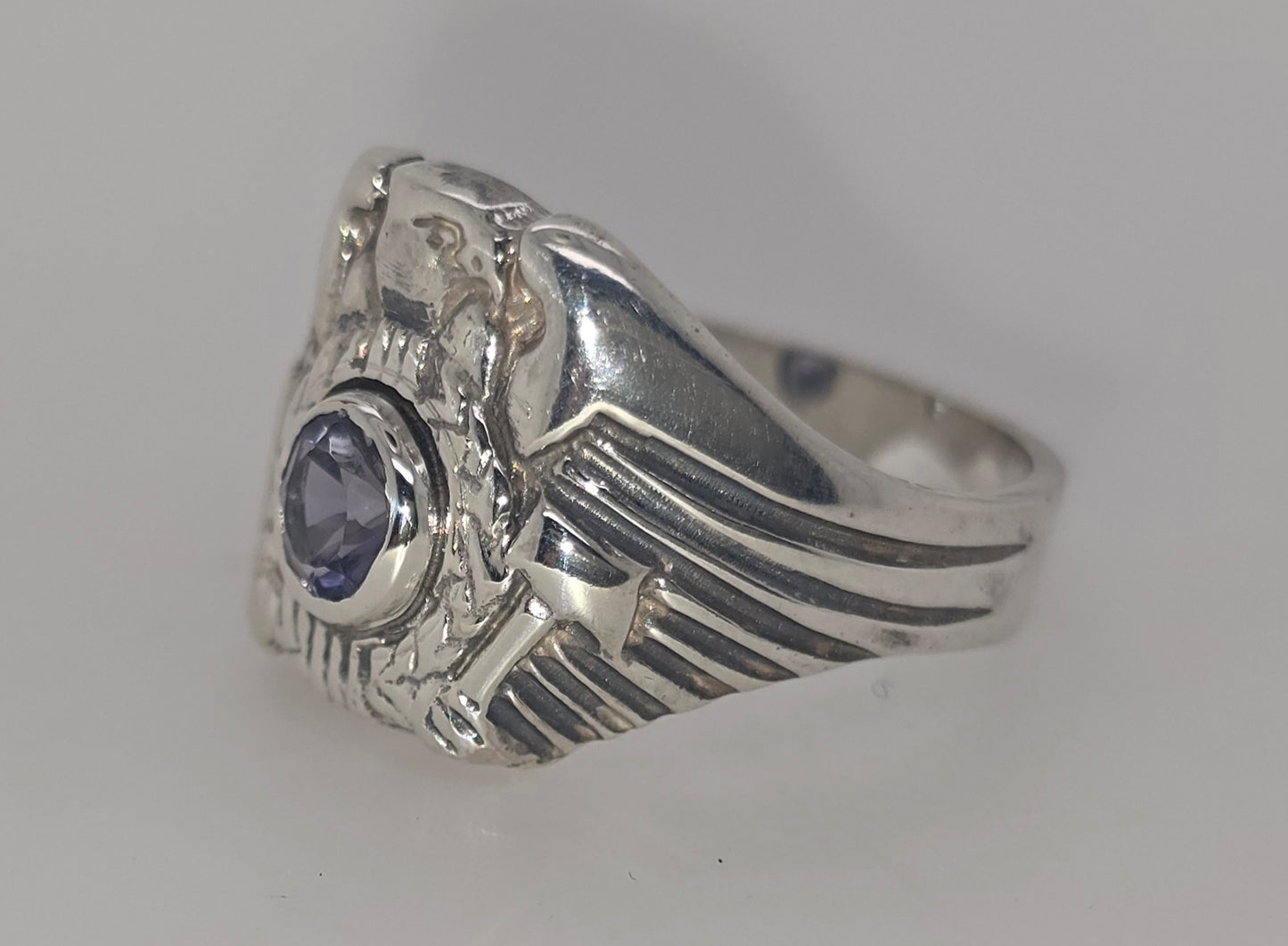 STERLING SILVER BEZEL SET 6MM ROUND IOLITE FANCY EAGLE RING