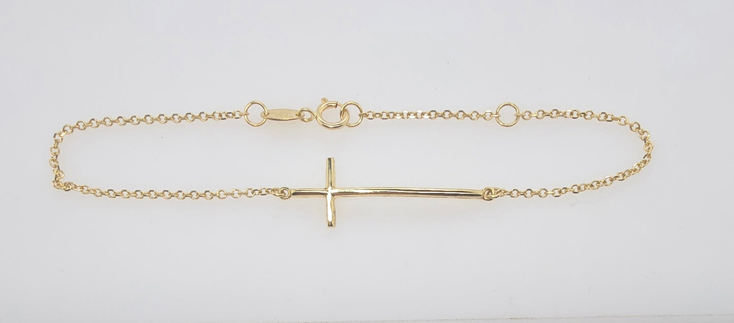 9CT YELLOW GOLD IMPORTED 16-18CM CROSS BRACELET.