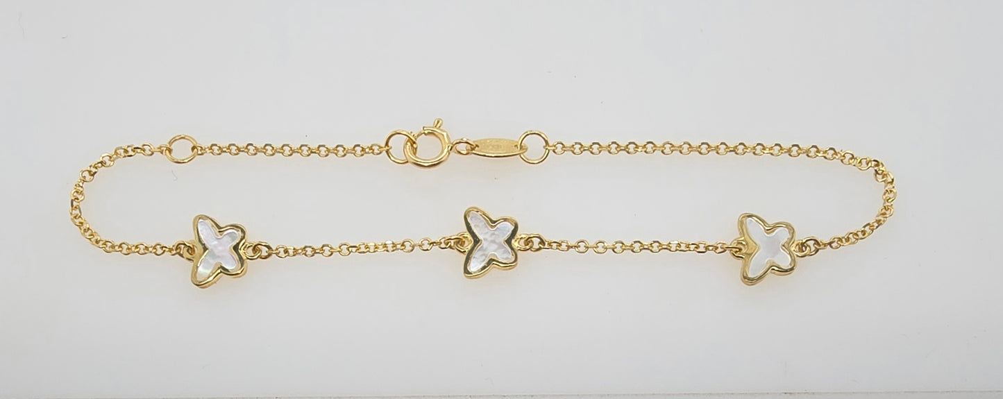 9CT YELLOW GOLD IMPORTED 16-18CM 3 X 7MM MOTHER OF PEARL BUTTERFLY BRACELET.