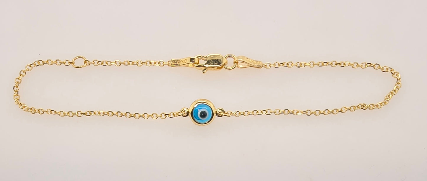 9CT YELLOW GOLD IMPORTED 5.7MM EVIL EYE CHARM 16-18CM BRACELET.