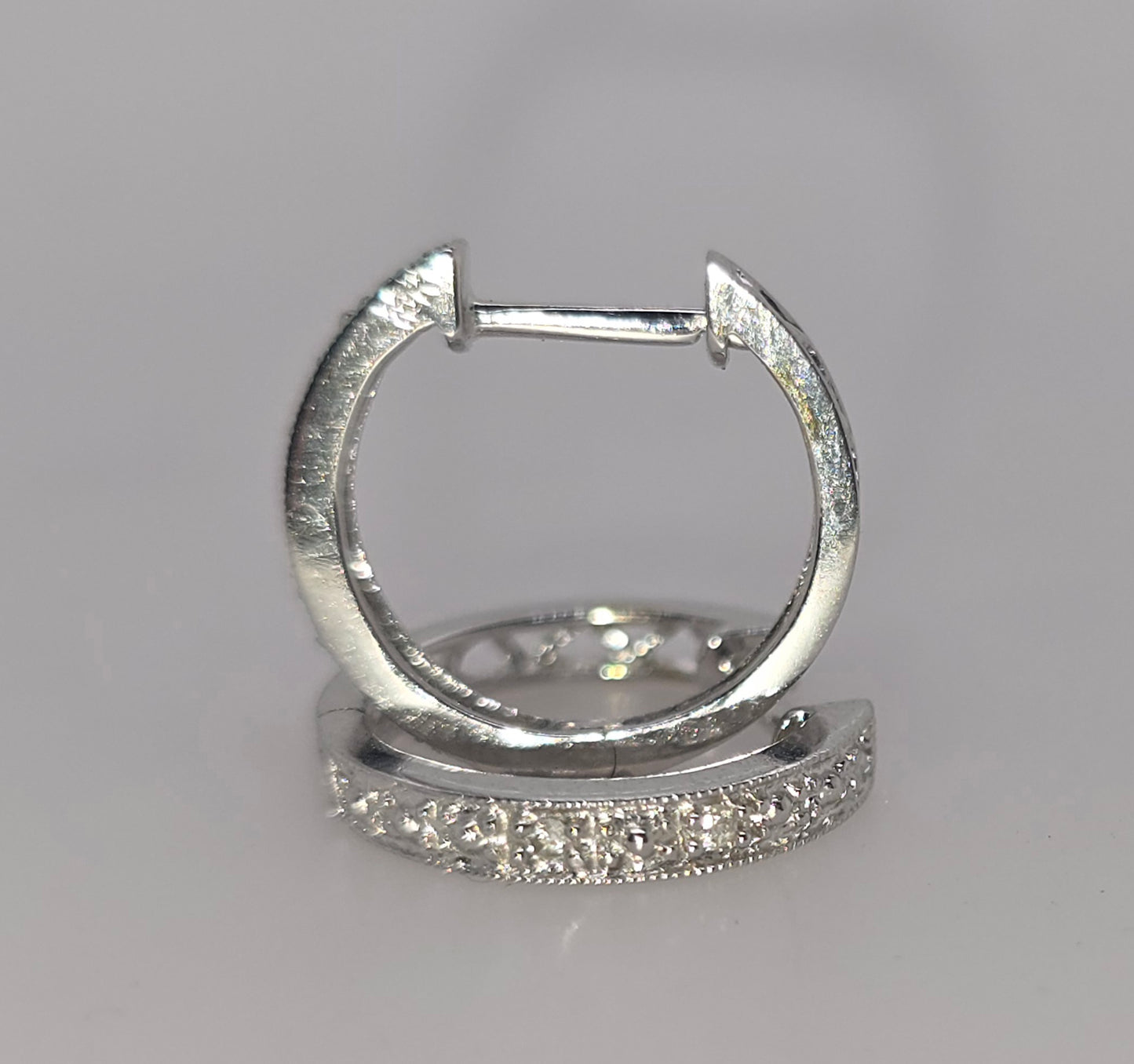 18CT WHITE GOLD GRAIN SET DIAMOND 10MM HOOP EARRINGS