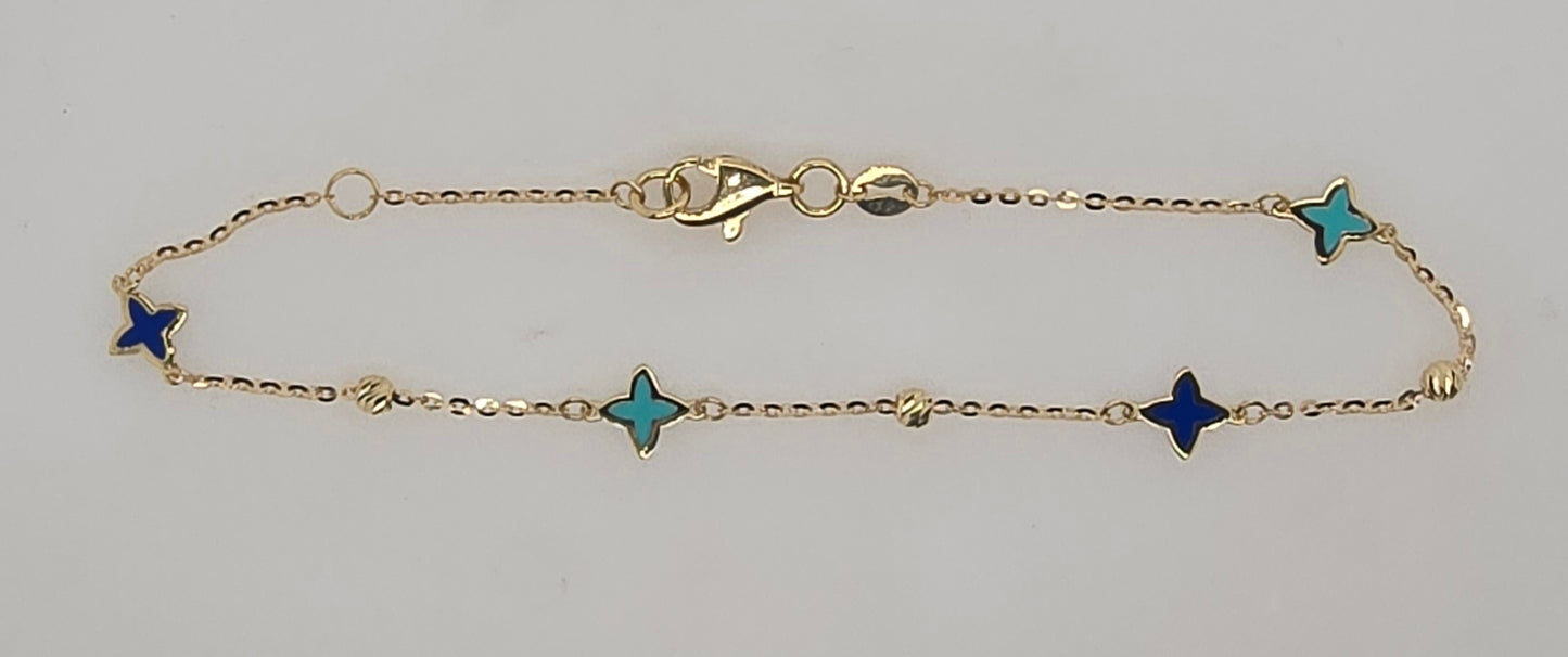 9CT YELLOW GOLD ITALIAN BLUE AND GREEN ENAMAL 6MM STAR BRACELET.