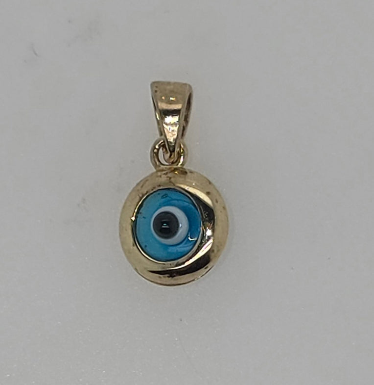 9CT YELLOW GOLD IMPORTED 6.5MM EVIL EYE PENDANT.