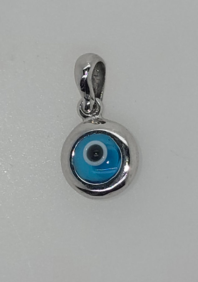 9CT WHITE GOLD IMPORTED 7.5MM EVIL EYE PENDANT.