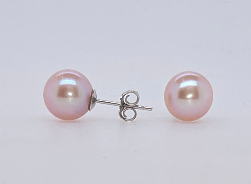STERLING SILVER 9-10MM PINK FRESHWATER PEARL STUD EARRINGS.