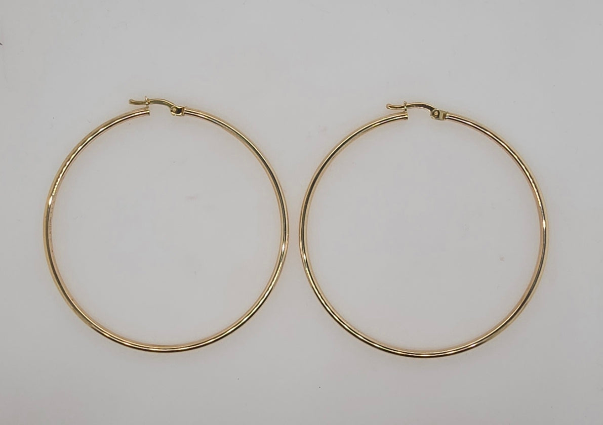 9CT YELLOW GOLD IMPORTED 2MM X 50MM HOOP EARRINGS