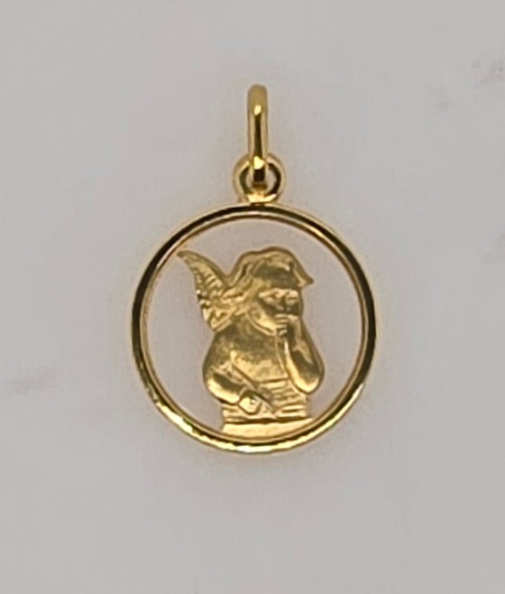 18CT YELLOW GOLD IMPORTED 14MM ANGEL CIRCLE CHARM 1.5GRAM
