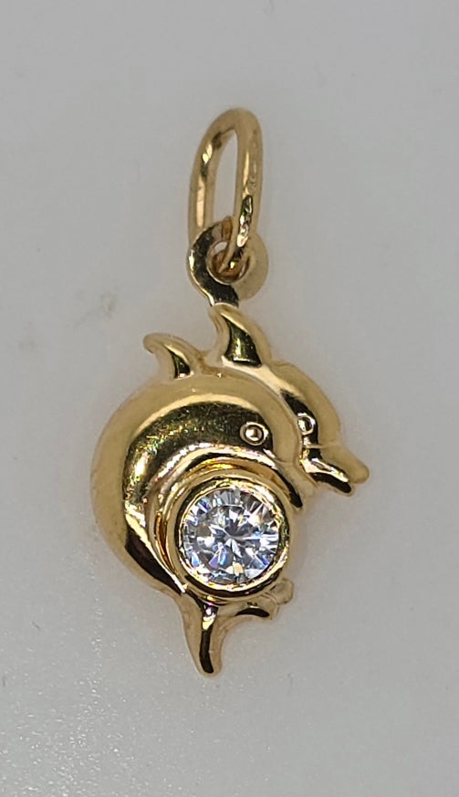 18CT YELLOW GOLD IMPORTED DOUBLE DOLPHIN PENDANT.