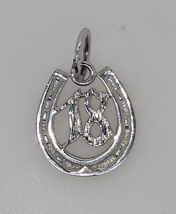 9CT WHITE GOLD SOLID 1.7GRAM 16MM X 14MM 18 HORSESHOE PENDANT.