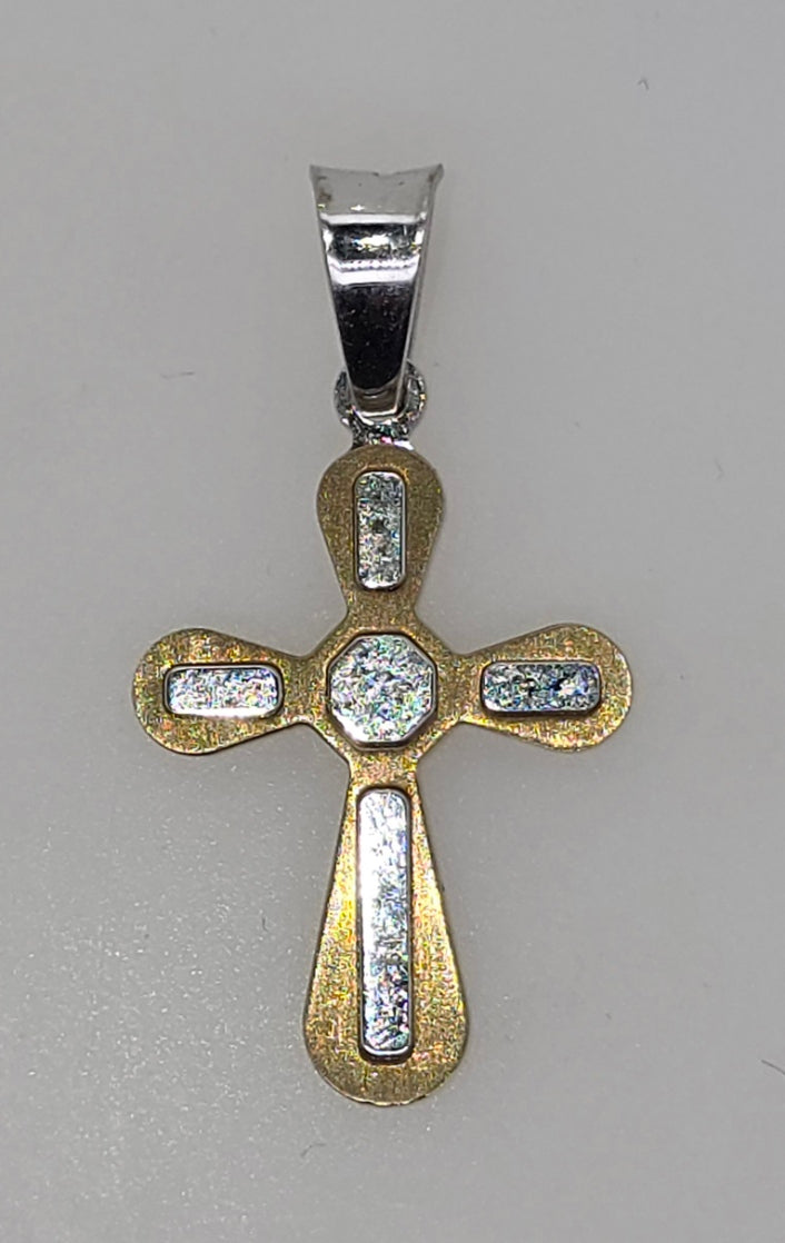 9CT TWO TONE IMPORTED ITALIAN SOLID 20MM X 15MM CROSS PENDANT.