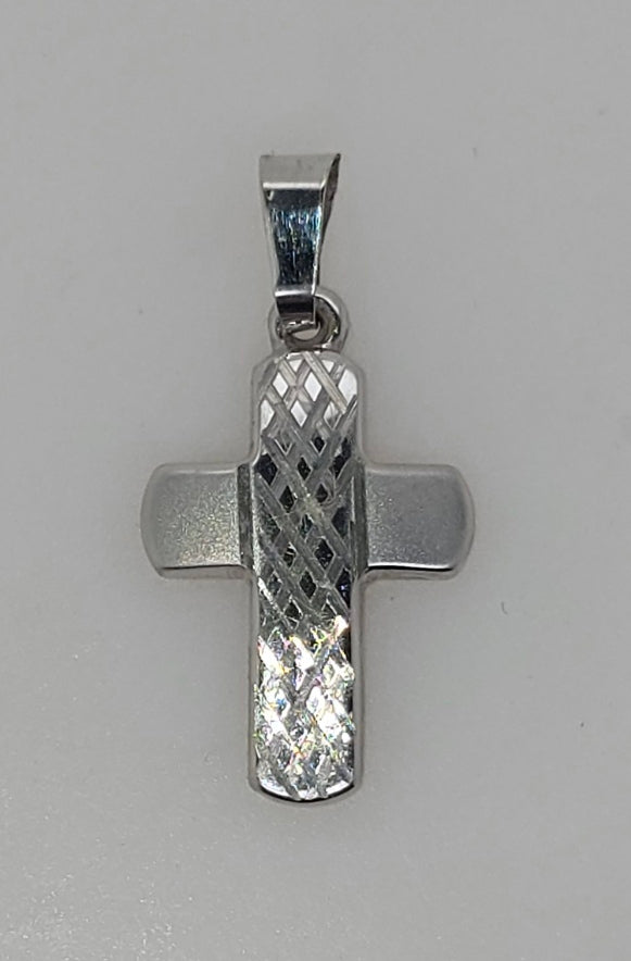 9CT WHITE GOLD IMPORTED 16MM X 11.6MM PATTERN AND MAT FINISH CROSS PENDANT.