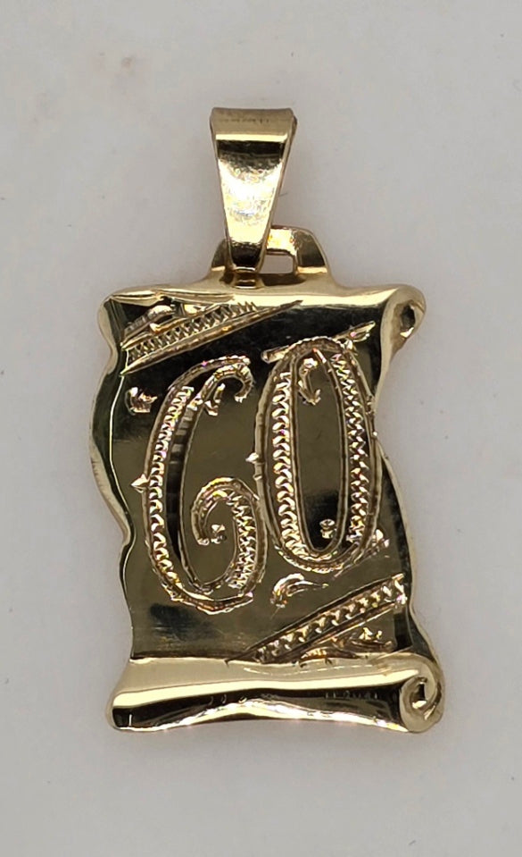 9CT YELLOW GOLD SOLID 17MM X 12.7MM SCROLL WITH ENGRAVED 60.