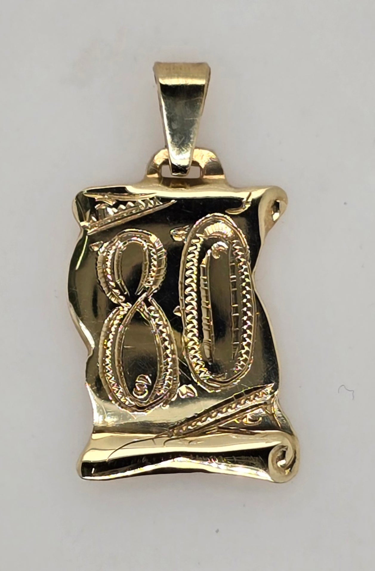 9CT YELLOW GOLD SOLID 17MM X 12.7MM SCROLL WITH ENGRAVED 80.