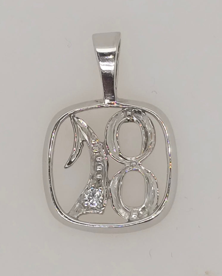 9CT WHITE GOLD 11.5MM NUMBER DIAMOND 18 PENDANT.