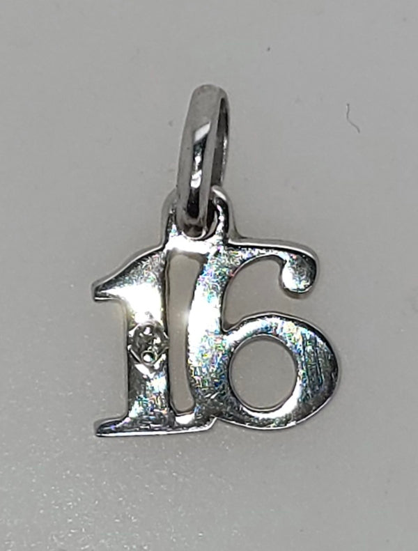 9CT WHITE GOLD SOLID 8MM NUMBER 16 PENDANT SET WITH A DIAMOND.