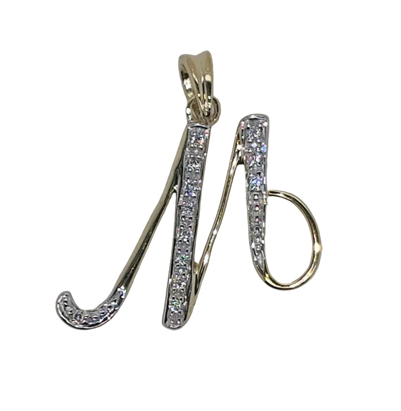 9CT YELLOW GOLD DIAMOND SCRIPT 15MM INITIAL M PENDANT WITH 12 DIAMONDS = 0.04CT