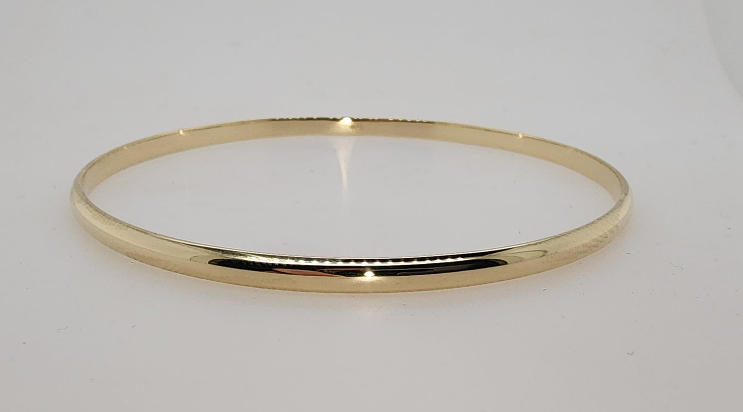 9CT YELLOW GOLD SOLID 3 X 63MM HALF ROUND BANGLE 8.82GRAMS