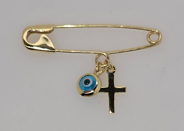 9CT YELLOW GOLD SOLID IMPORTED 31MM PIN WITH 5.8MM EVIL EYE AND PLAIN CHARM.