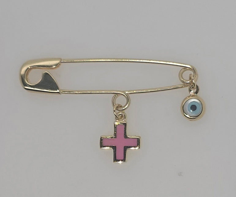 9CT YELLOW GOLD PIN WITH 4.6MM EVIL EYE AND PINK ENAMEL CROSS CHARM.