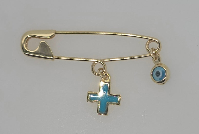 9CT YELLOW GOLD SOLID PIN WITH 4.6MM EVIL EYE AND BLUE ENAMEL CROSS CHARM.