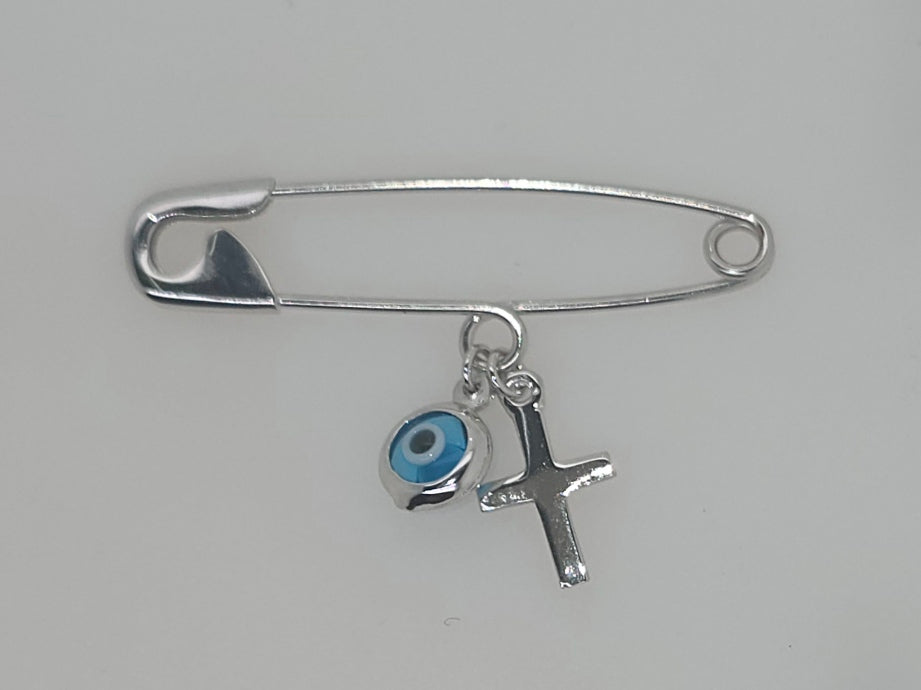 9CT WHITE GOLD 31MM PIN WITH 5.8MM EVIL EYE AND CROSS CHARM.