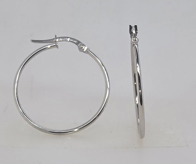 18CT WHITE GOLD IMPORTED 1.2MM X 20MM THIN HOOP EARRINGS