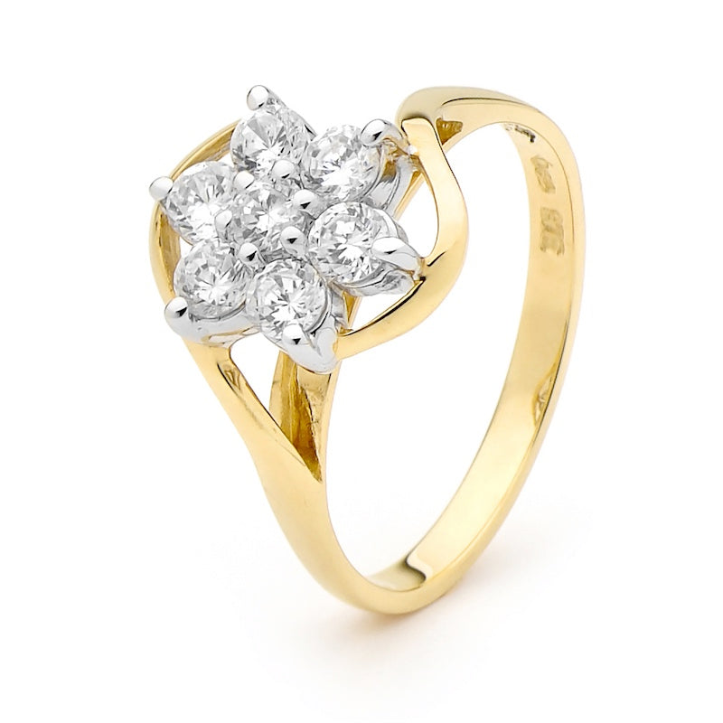 9CT YELLOW GOLD CUBIC ZIRCONIA SEVEN STONE CLUSTER RING
