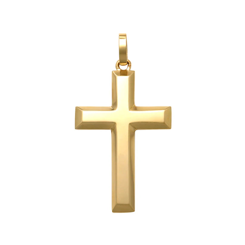 9CT YELLOW GOLD IMPORTED 21MM X 13MM BEVELLED EDGE CROSS PENDANT.