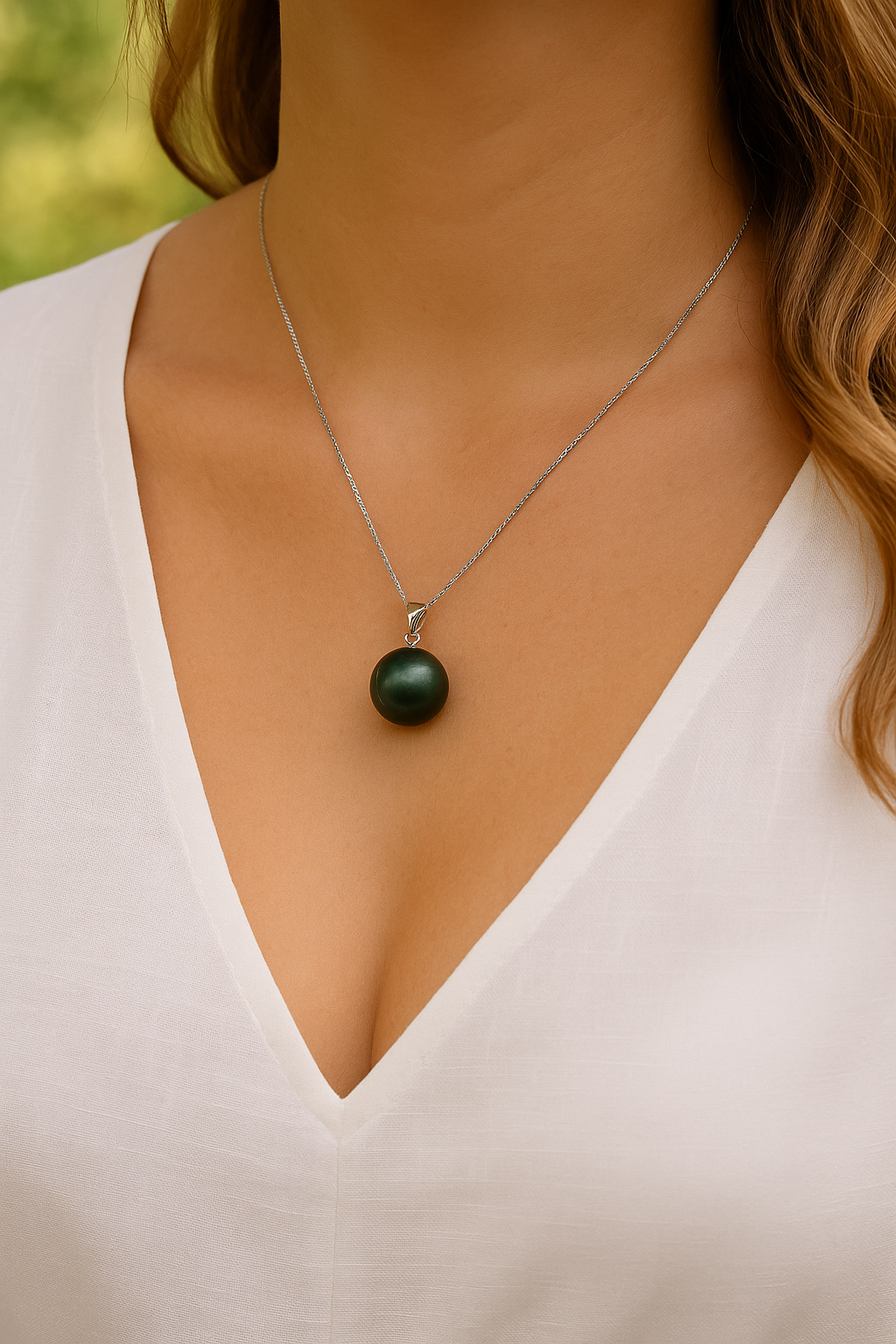 18CT WHITE GOLD 14MM TAHITIAN PEARL PENDANT.