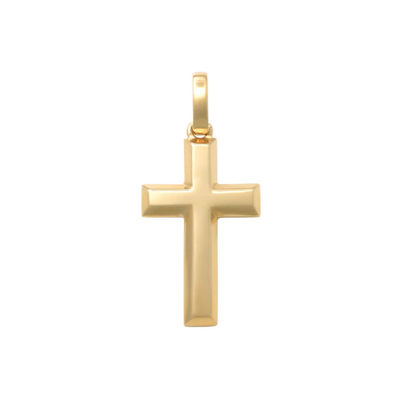 9CT YELLOW GOLD IMPORTED BEVELLED EDGE POLISHED CROSS PENDANT .