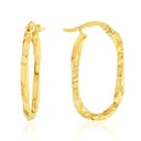 9CT YELLOW GOLD IMPORTED TEXTURED TWISTED HOOP EARRINGS.