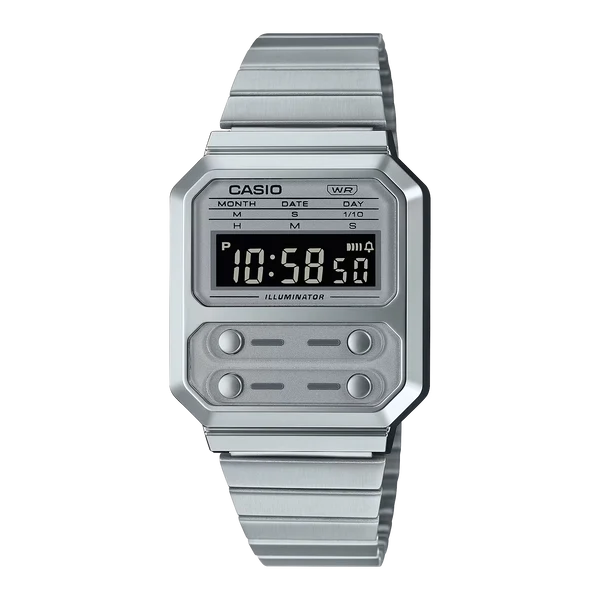 CASIO VINTAGE DIGITAL SERIES ALARM, STOPWATCH SILVER METAL BAND. A100WE-7B