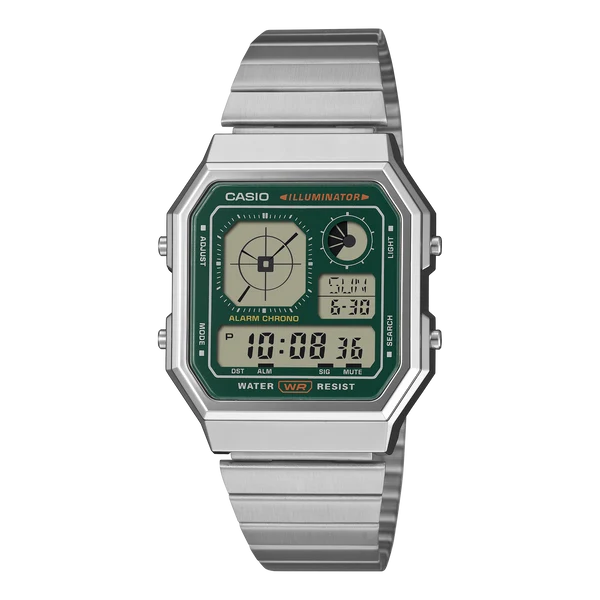 CASIO DIGITAL WATCH GREEN DIAL STAINLESS STEEL BAND. A130WE-3A