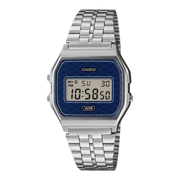 CASIO DIGITAL WATCH BLUE DIALSTAINLESS STEEL BAND. A159WEVJ-2D
