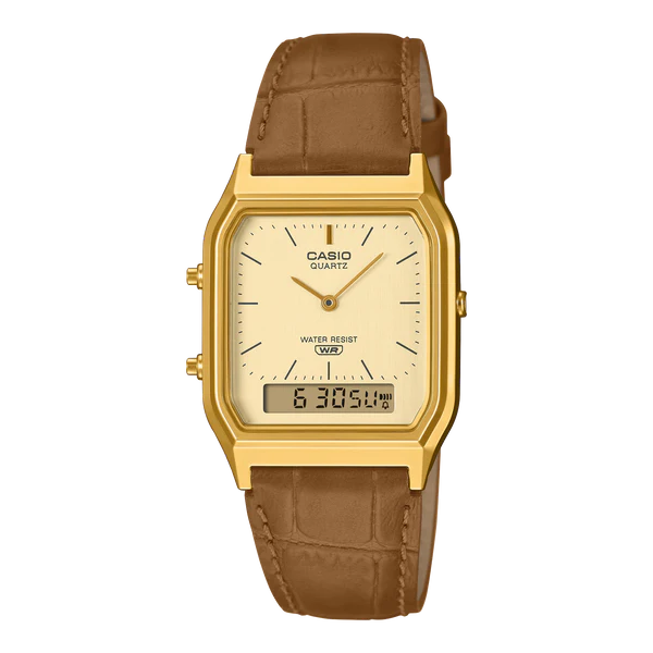 CASIO DUO WATCH GOLD PLATED CASE WITH BROWN LEATHER BAND. AQ230EGL-9A