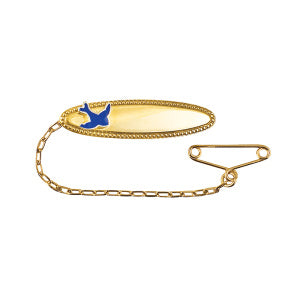 9CT YELLOW GOLD 31.5MM X 8MM BLUE BIRD BABY BROOCH