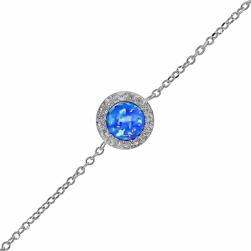 STERLING SILVER RHODIUM PLATED BLUE ROUND CREATED OPAL AND CUBIC ZIRCONIA 19CM BRACELET.