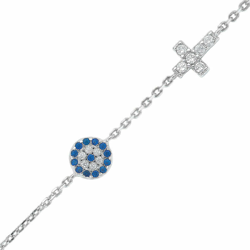 STERLING SILVER EVIL EYE WITH CUBIC ZIRCONIA CROSS 19CM BRACELET