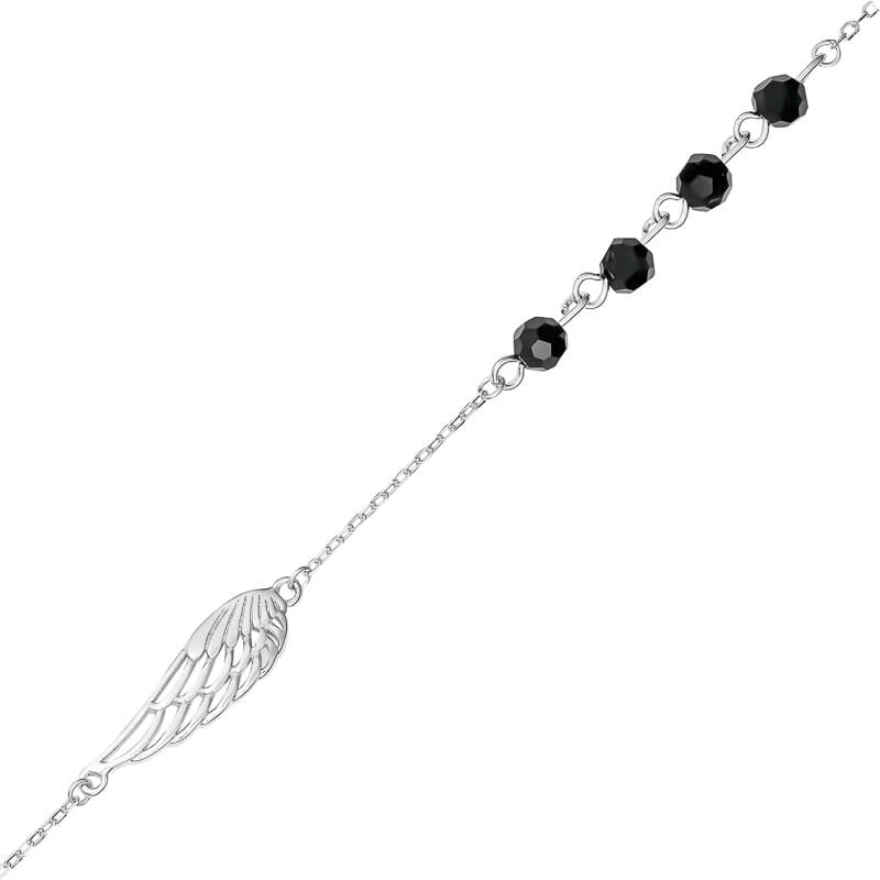 STERLING SILVER RHODIUM PLATED BLACK CUBIC ZIRCONIA BEADS AND WING BRACELET