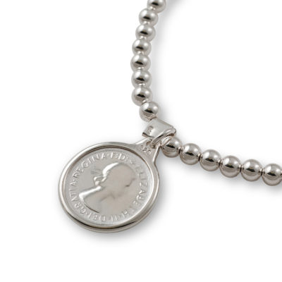 VON TRESKOW STERLING SILVER 4MM BALL STRETCHY BRACELET WITH AUTHENTIC THREEPENCE COIN. BVS01