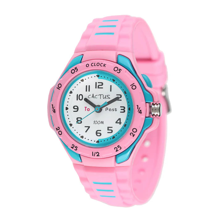 CACTUS ANALOGUE WATCH TIME TEACHER BRIGHT PINK AND AQUA RESIN BAND. CAC116-M55