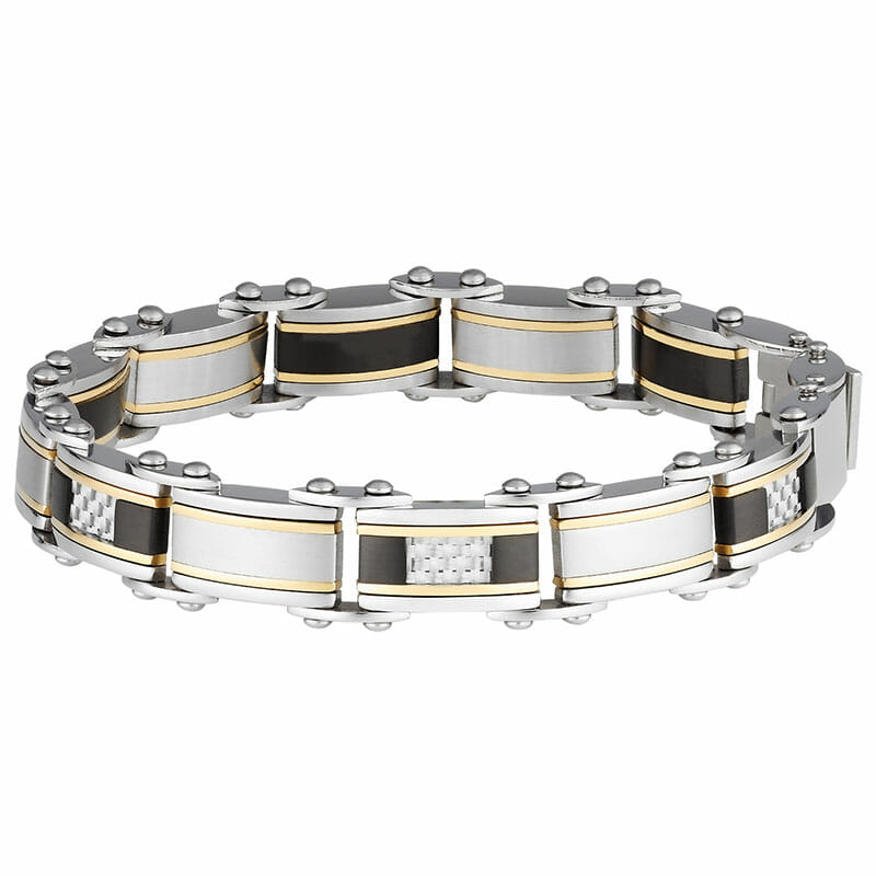 VERBELLI STAINLESS STEEL 9MM WIDE THREE TONE DOUBLE SIDED 21CM BRACELET
