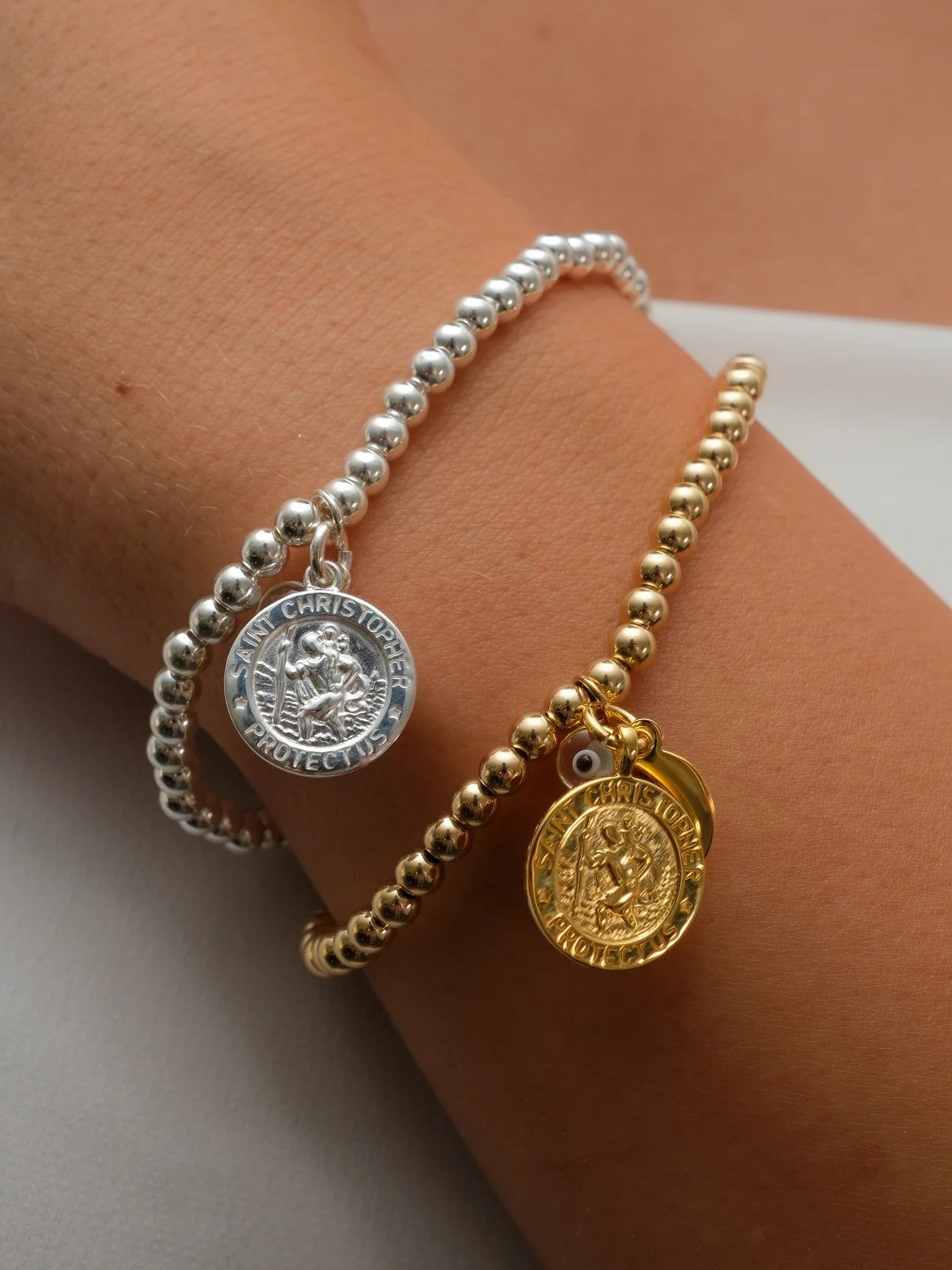 SUE SENSI 4MM BALL 18CT GOLD FILLED ST CHRISTOPHER 18CM BRACELET.