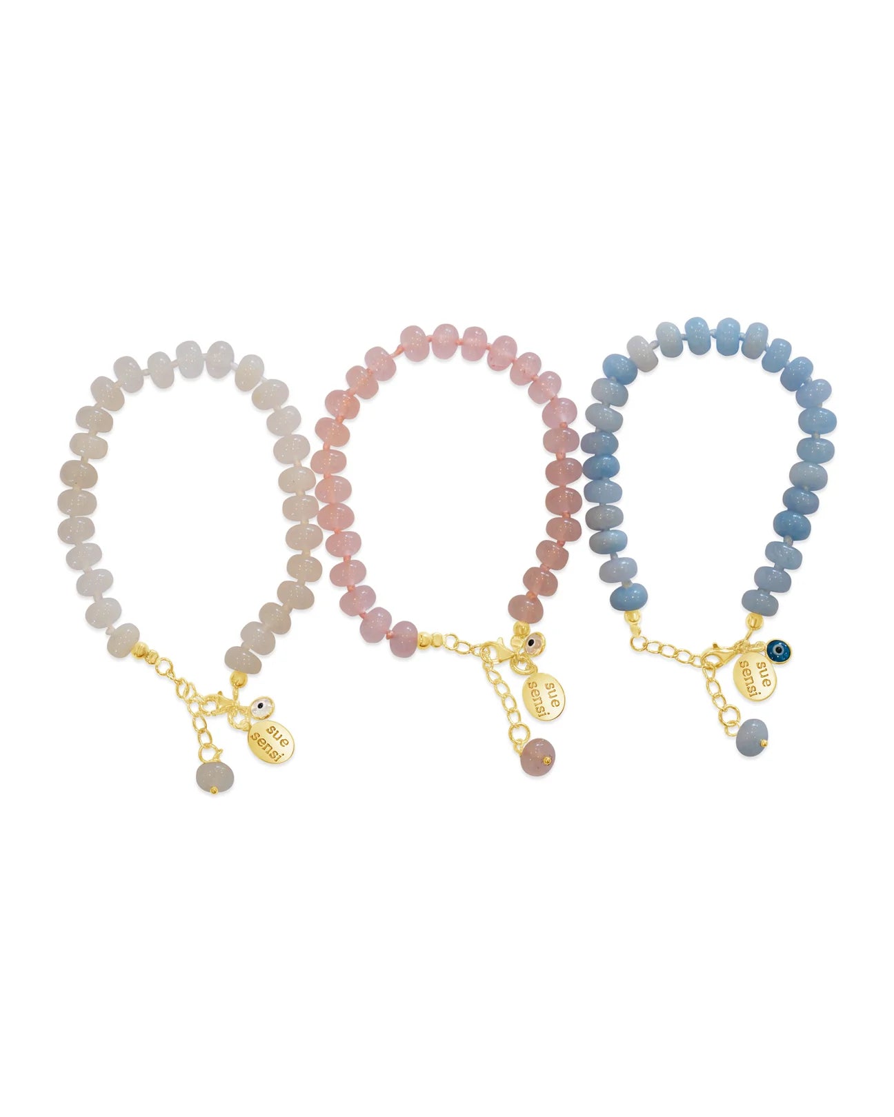 SUE SENSI WISH STONE GOLD PLATED WITH AQUAMARINE QUARTZ BEADS 19CM BRACELET .