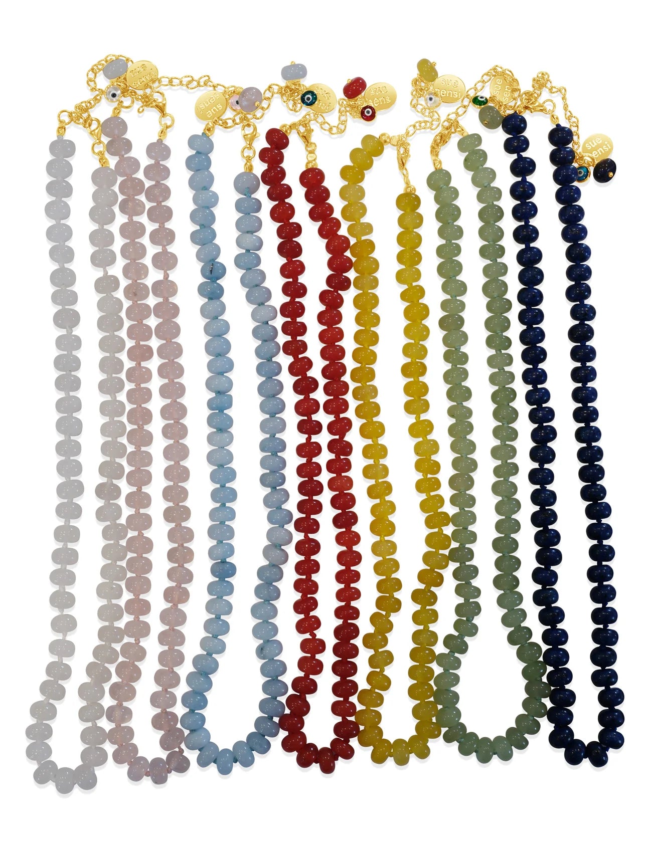 SUE SENSI GOLD PLATED WISH STONE AQUAMARINE QUARTZ 45CM NECKLACE.